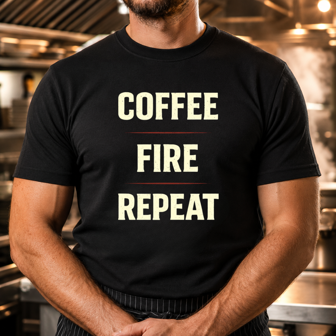 Coffee Fire Repeat - Bold Text T-Shirt